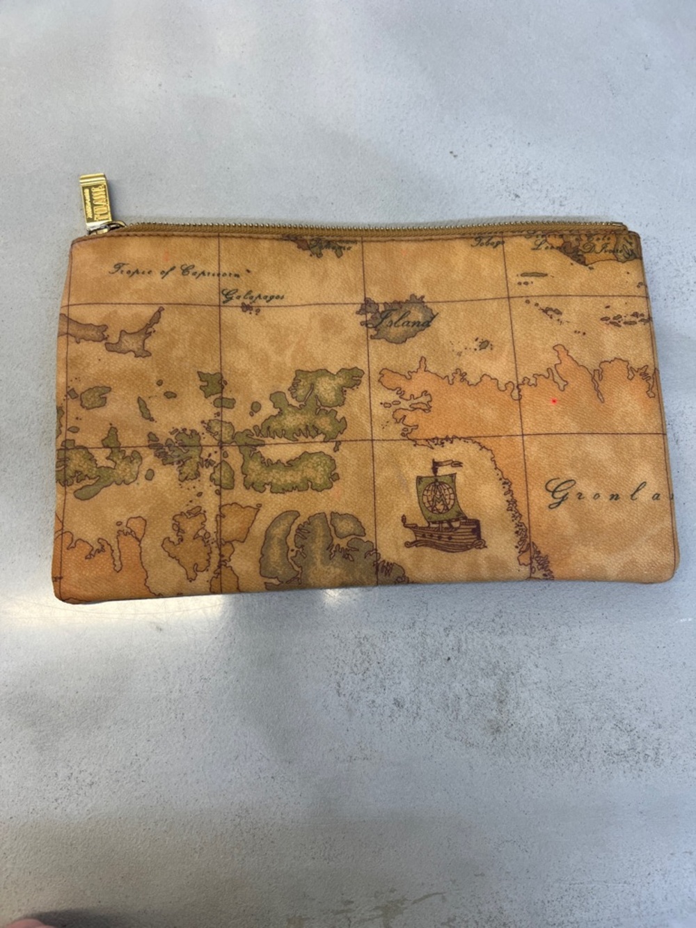Alviero Martini Map-Print Leather Zip Pouch in Tan and Green Accents